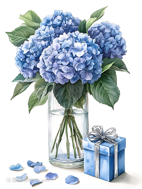 藍色繡球花束插畫